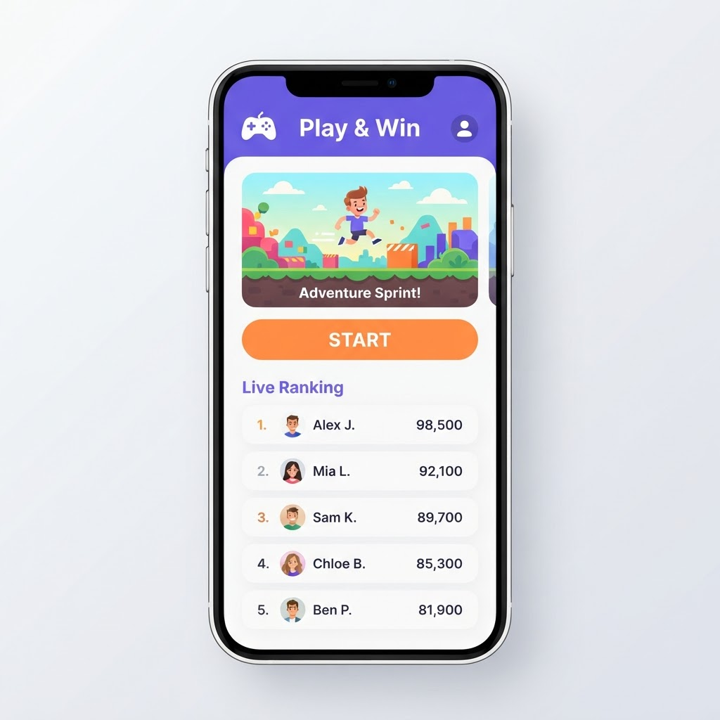 Mockup of a branded mini-game on a phone, with a live leaderboard and sign-up button