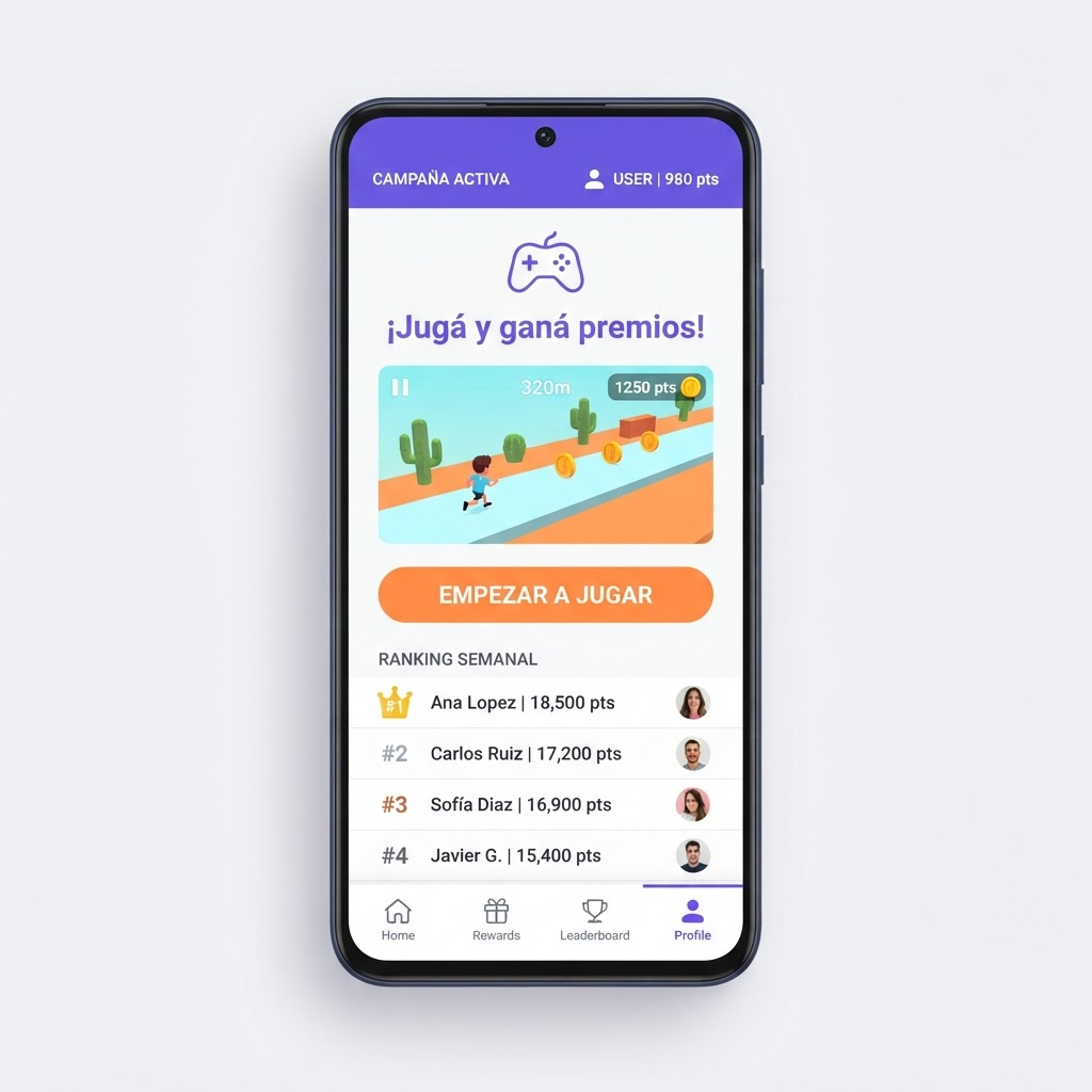 Mockup de un mini-juego de marca en un teléfono, con ranking en vivo y botón de registro