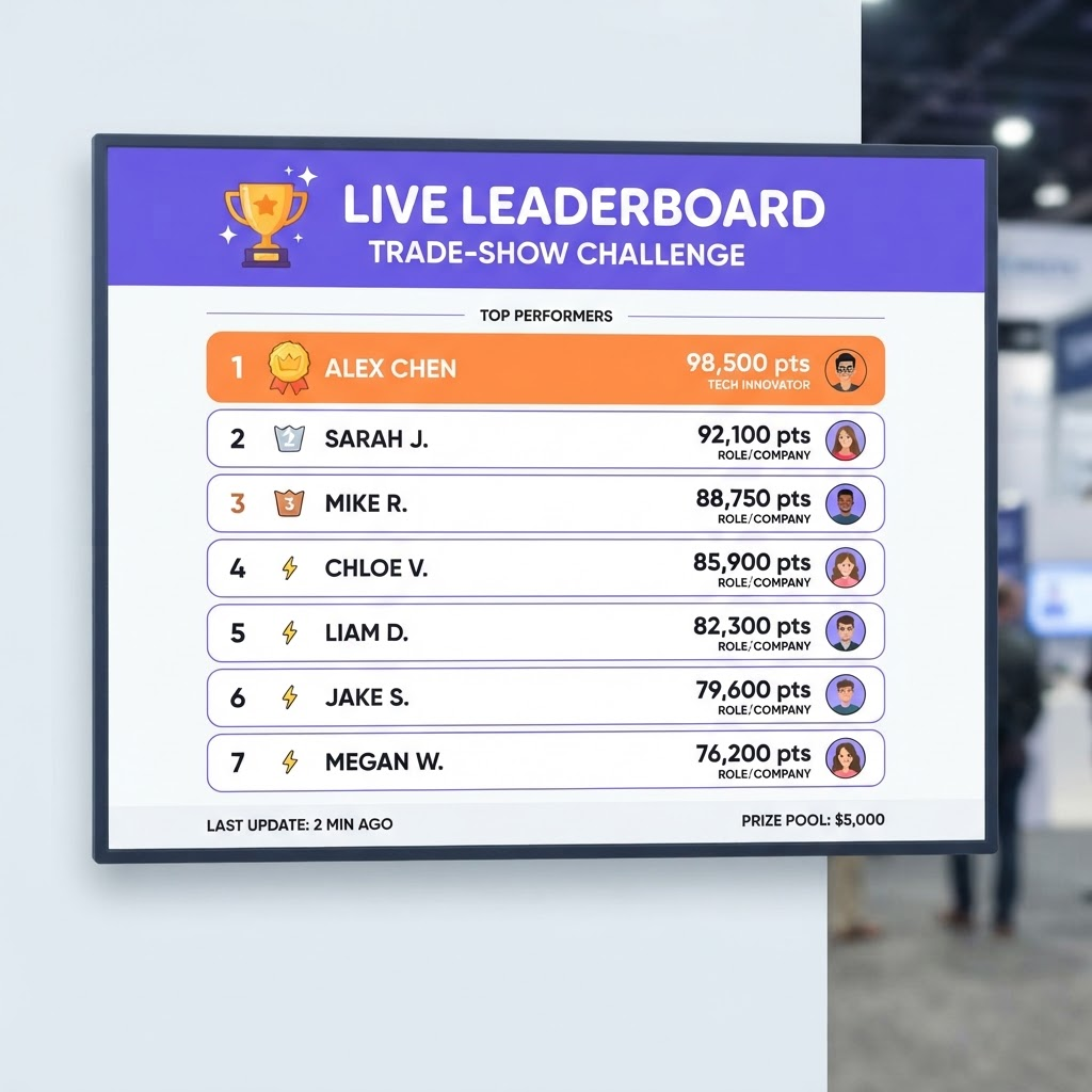 Pantalla de leaderboard en vivo en modo TV para ferias, con ranking de jugadores